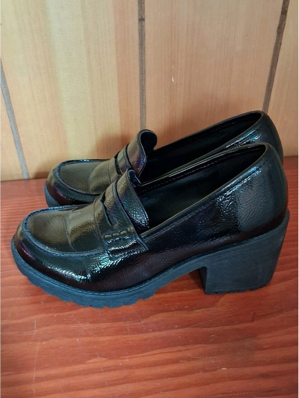 Women's Size 7 Black Patent Faux Leather Chunky Heeled Loafers Y2K